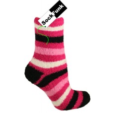 Fluffy Bed Socks Pink, Black and White Stripes